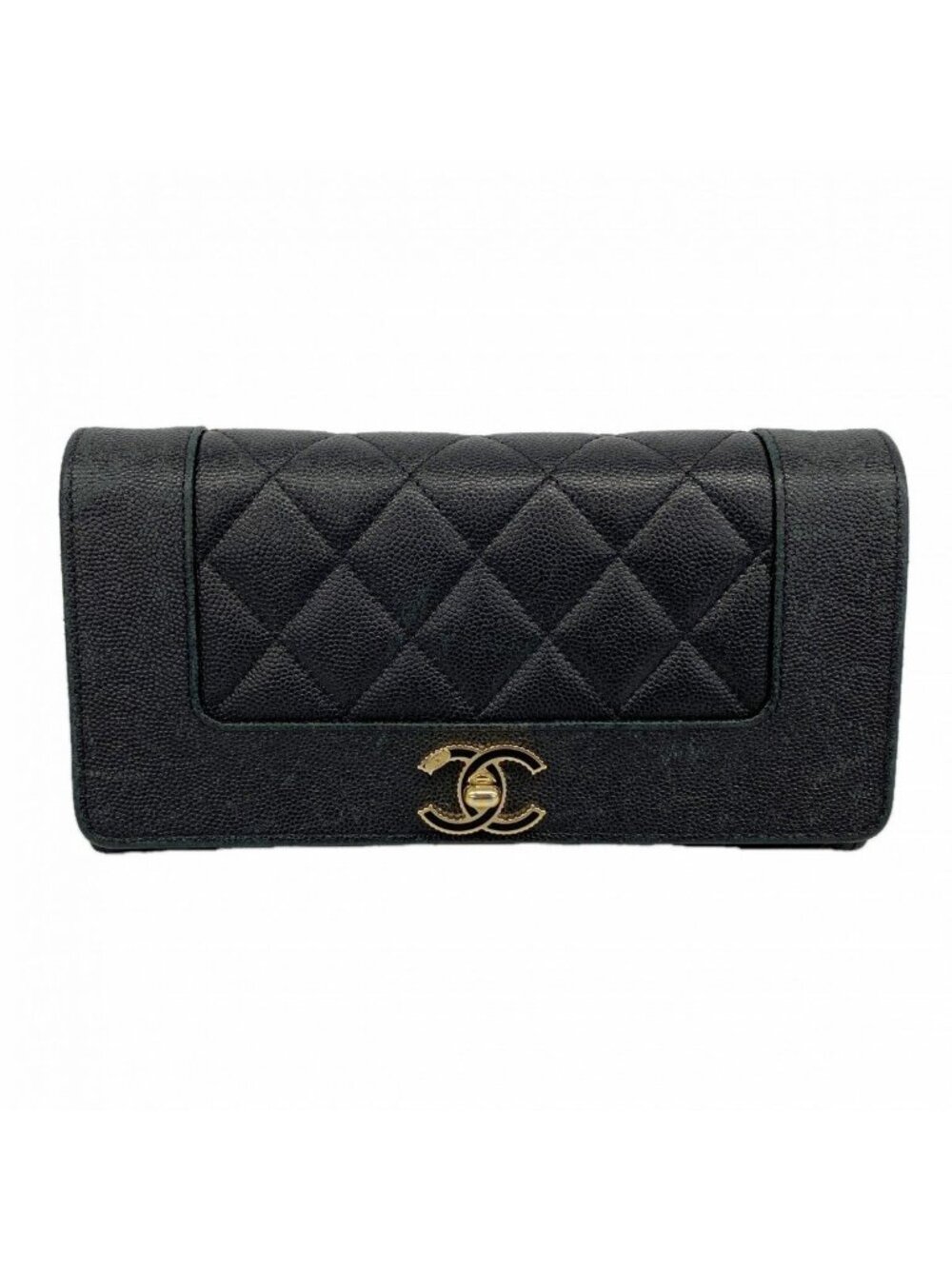Chanel Wallet Mademoiselle Caviar Leather Black Champagne Gold